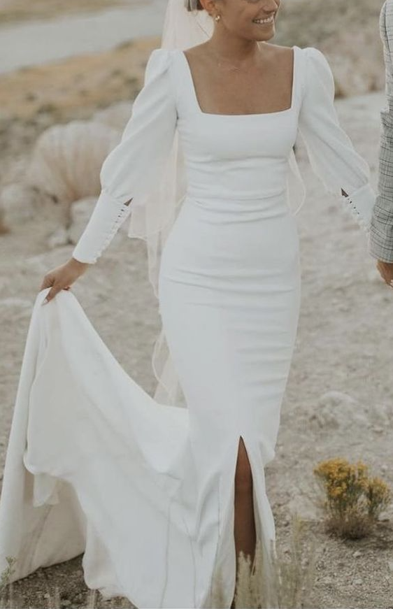 Elegant long square neck wedding dress for women fg6885 - VelvetHem