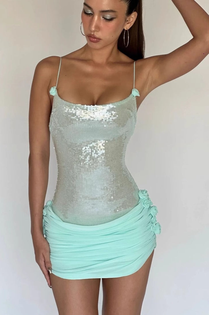 Sheer Sling Slim Floral Sequin Dress - VelvetHem