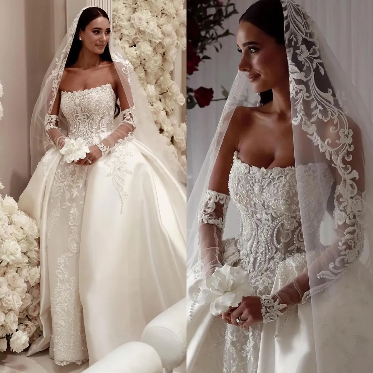 Arabic Lace Saudi Ball Gown Wedding Dress For Bride Strapless Pearls Satin Wedding Dresses Ruffle Dubai R Bridal Gowns Plus Size (ZD17412)