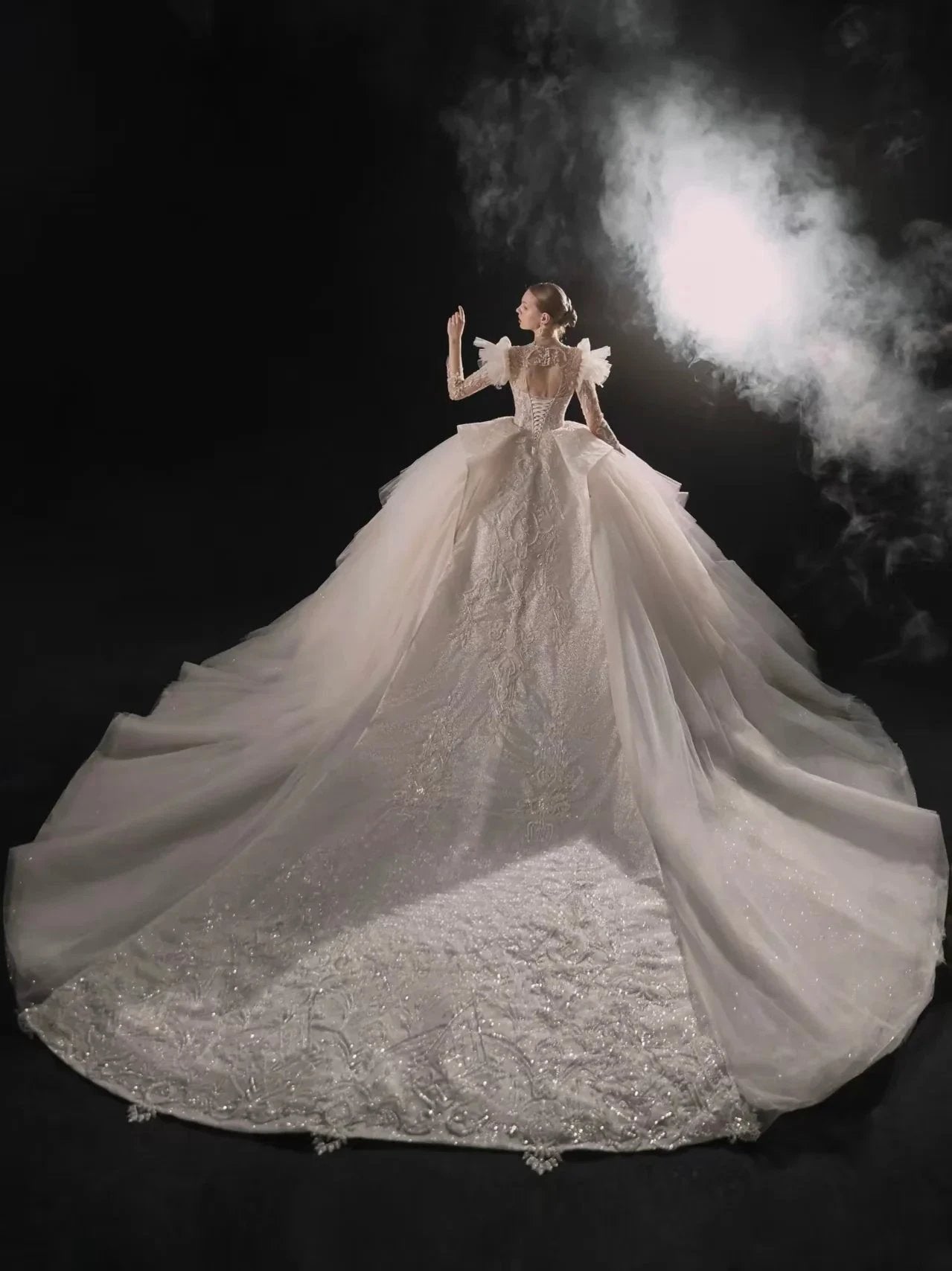 Glamorous V-Neck Ball Gown Long Lace Sleeve Beaded Embroidery Wedding Dress with Ruffled Train (ZD16904)