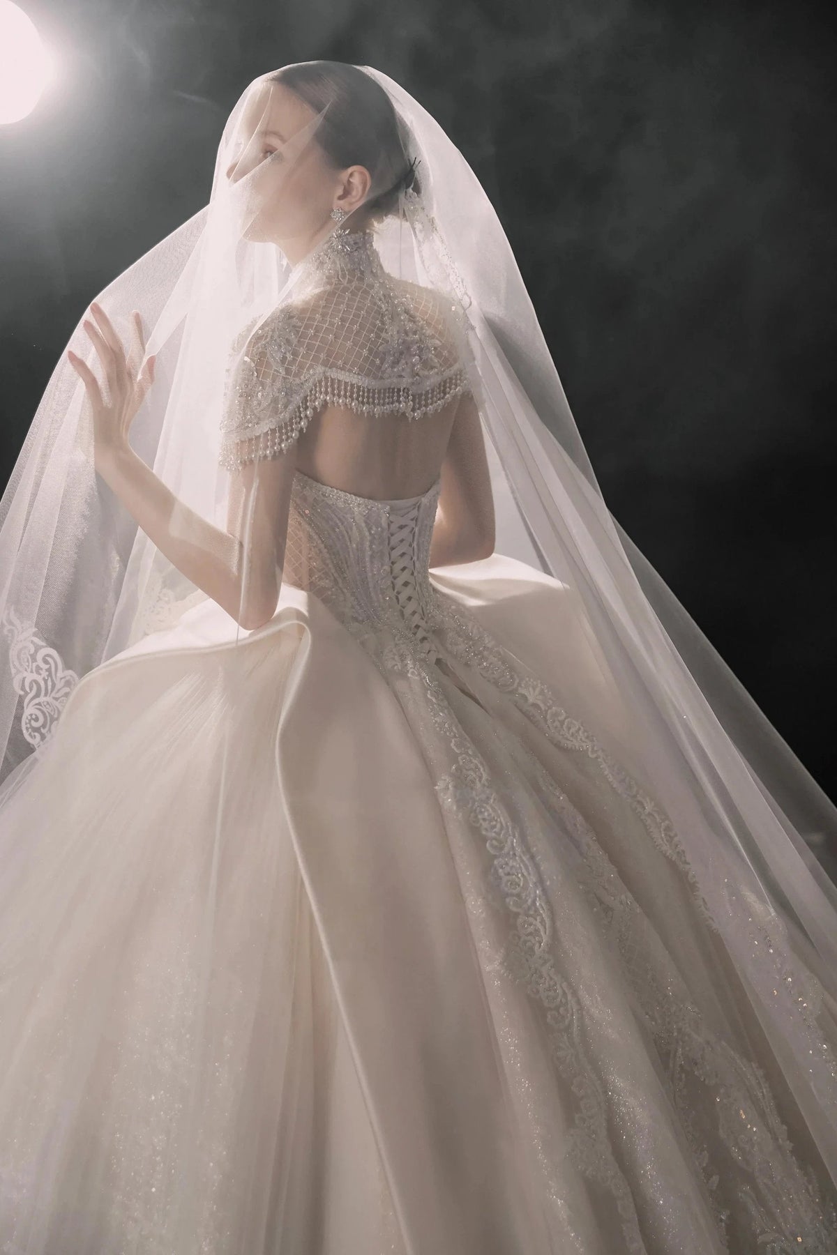 Regal High-Neck Ball Gown Beaded Mesh Capelet Satin Panel Wedding Dress with Embroidered Train (ZD16902)
