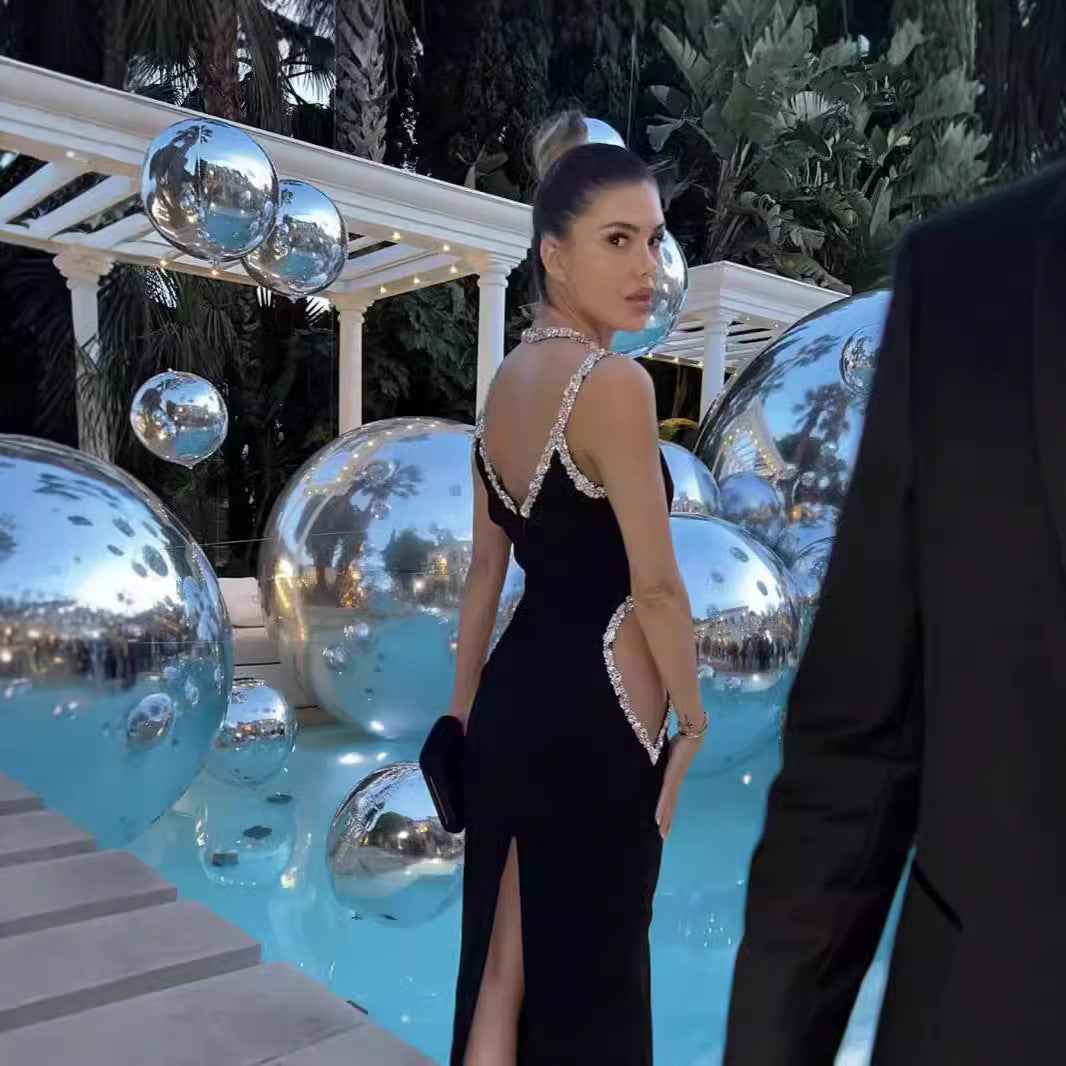 Glamorous Black Strapless Rhinestone Halter Gown Prom Dress