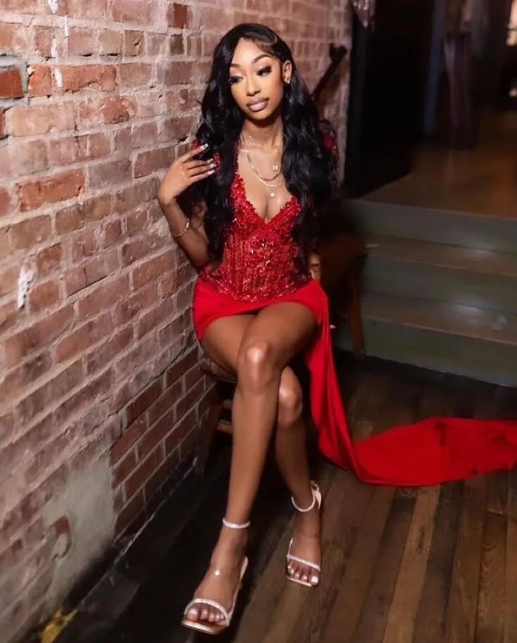 Red Sparkly Short Prom Homecoming Dresses with Side Train Luxury Diamond Crystal Birthday Party Gown - View 3 | VelvetHem