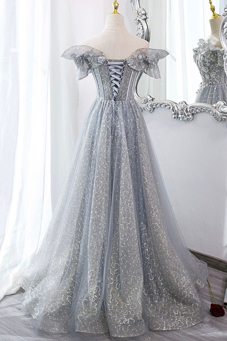 Tulle Lace Long Prom Dresses, A-Line Sequins Evening Dresses - View 3 | VelvetHem