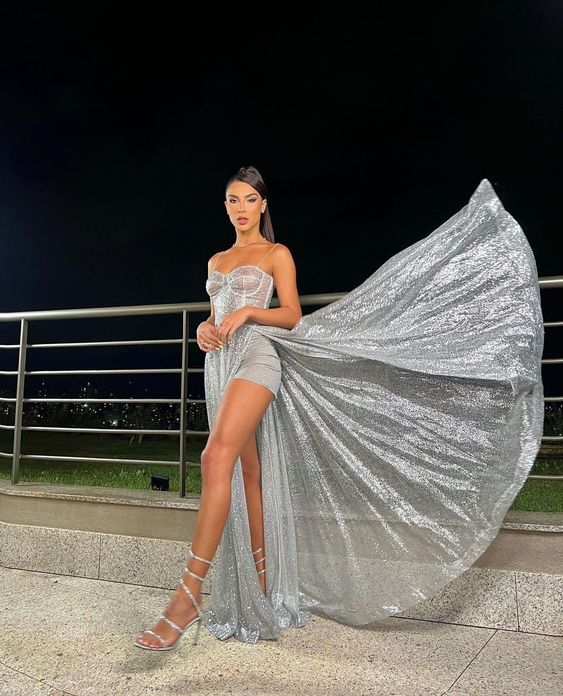 Silver tulle long prom dress, evening dress