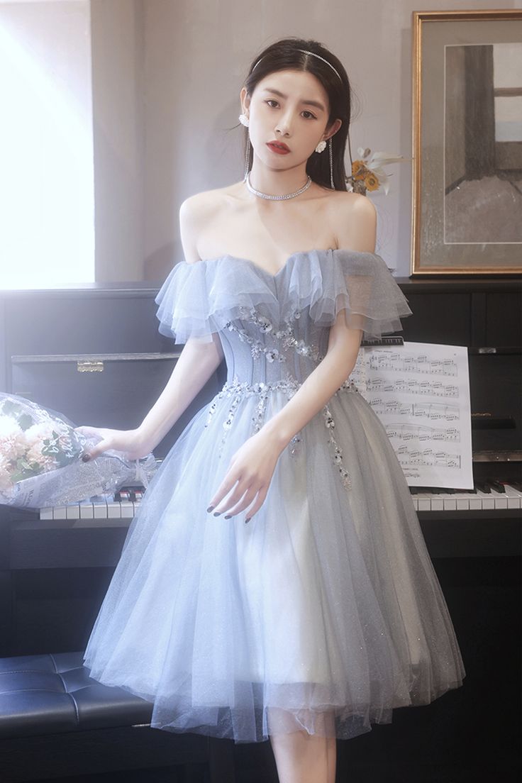 Gray tulle beads short prom dress party dress - View 5 | VelvetHem