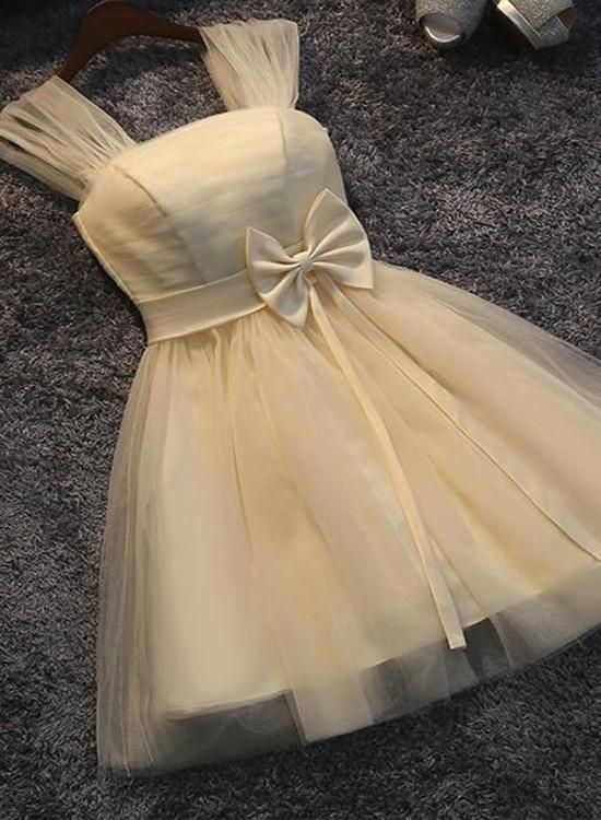 Lovely Champagne Tulle Cute Teen Homecoming Dress with Bow, Straps Tulle Formal Dresses