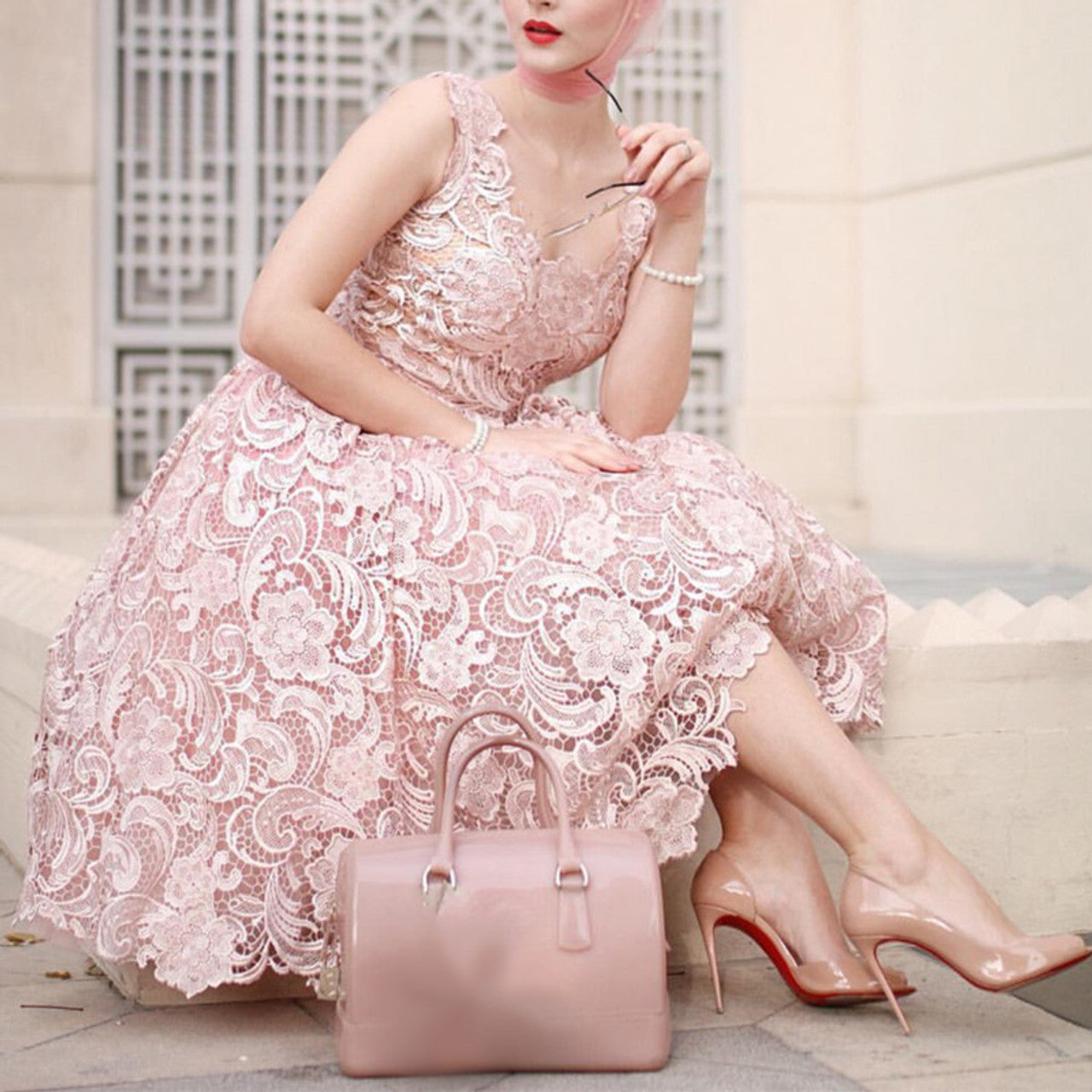 A-Line Pink Lace Tea Length Sleeveless Homecoming Dress