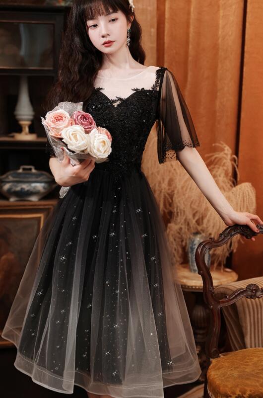 Black Short Sleeves Gradient Tulle And Lace Party Dress, Lovely Black Formal Dresses Bridesmaid Dress
