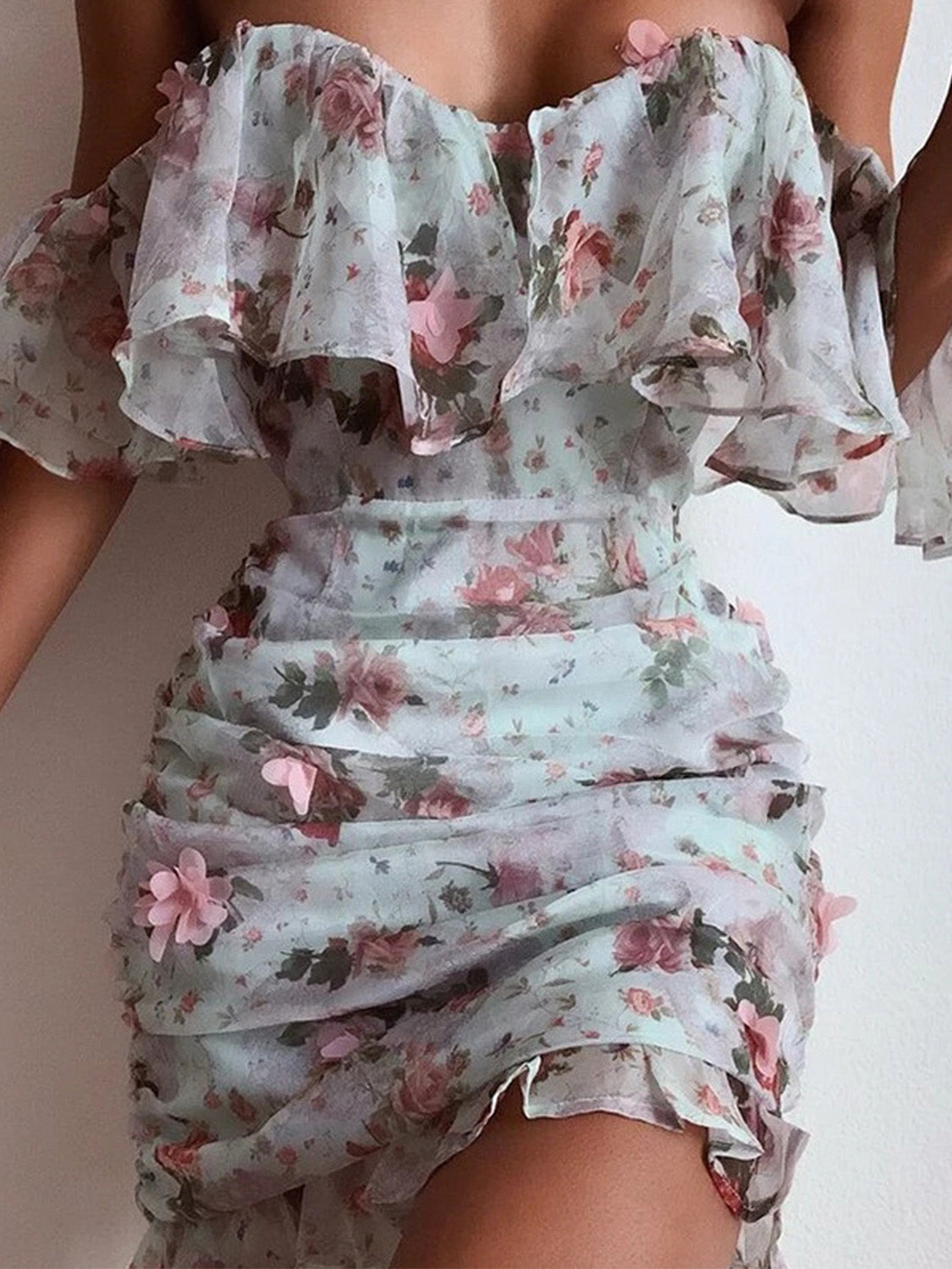Floral Print Ruched Chiffon Women Dress Ruffle off Shoulder Elegant Sexy Party Short Prom Dress