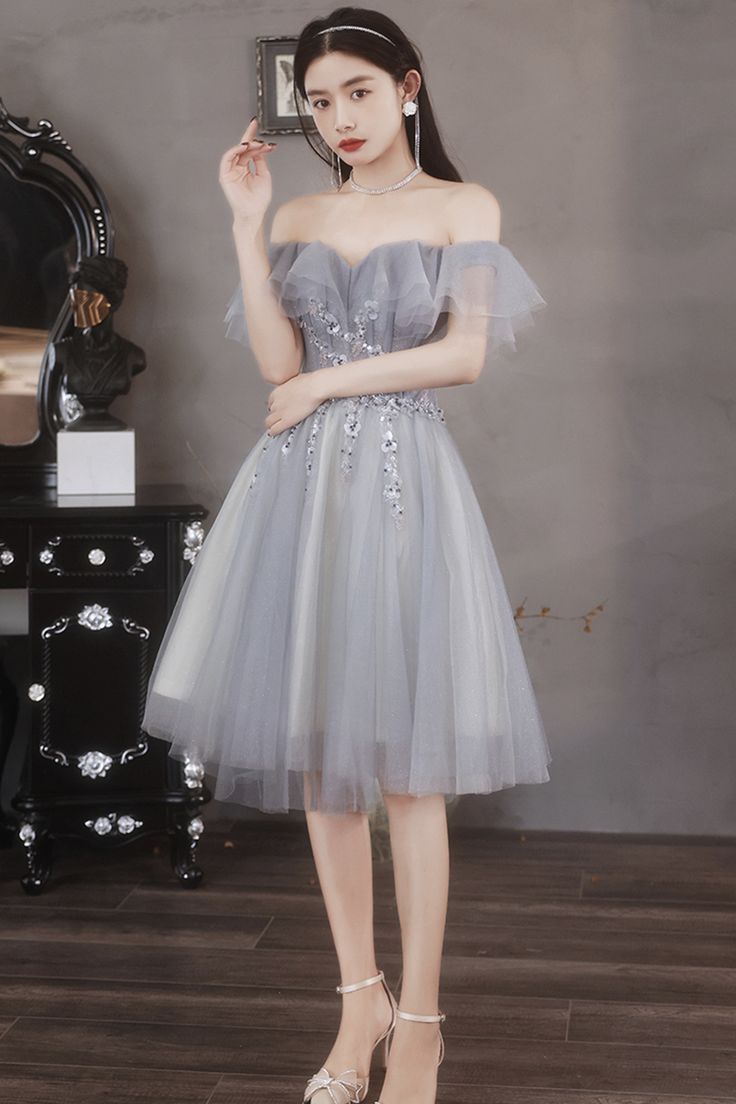 Gray tulle beads short prom dress party dress - View 2 | VelvetHem