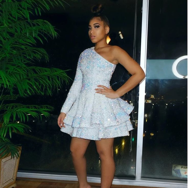Sparkly Sequin Cocktail Dresses Short A Line One Shoulder African Women Formal Long Sleeve Homecoming Dress