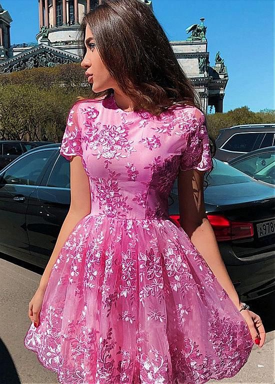 Lace Appliques Tulle Jewel Short A-line Homecoming Dress