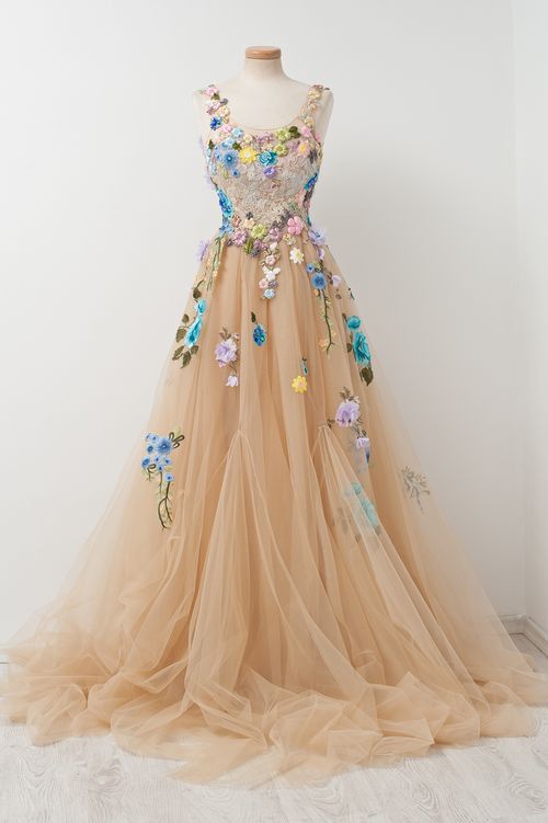 Champagne A-line Sleeveless Tulle Prom Gown With Embroidery,sleeveless Prom Gown With Hand-made Flowers,prom Dress,evening Gown For Teens