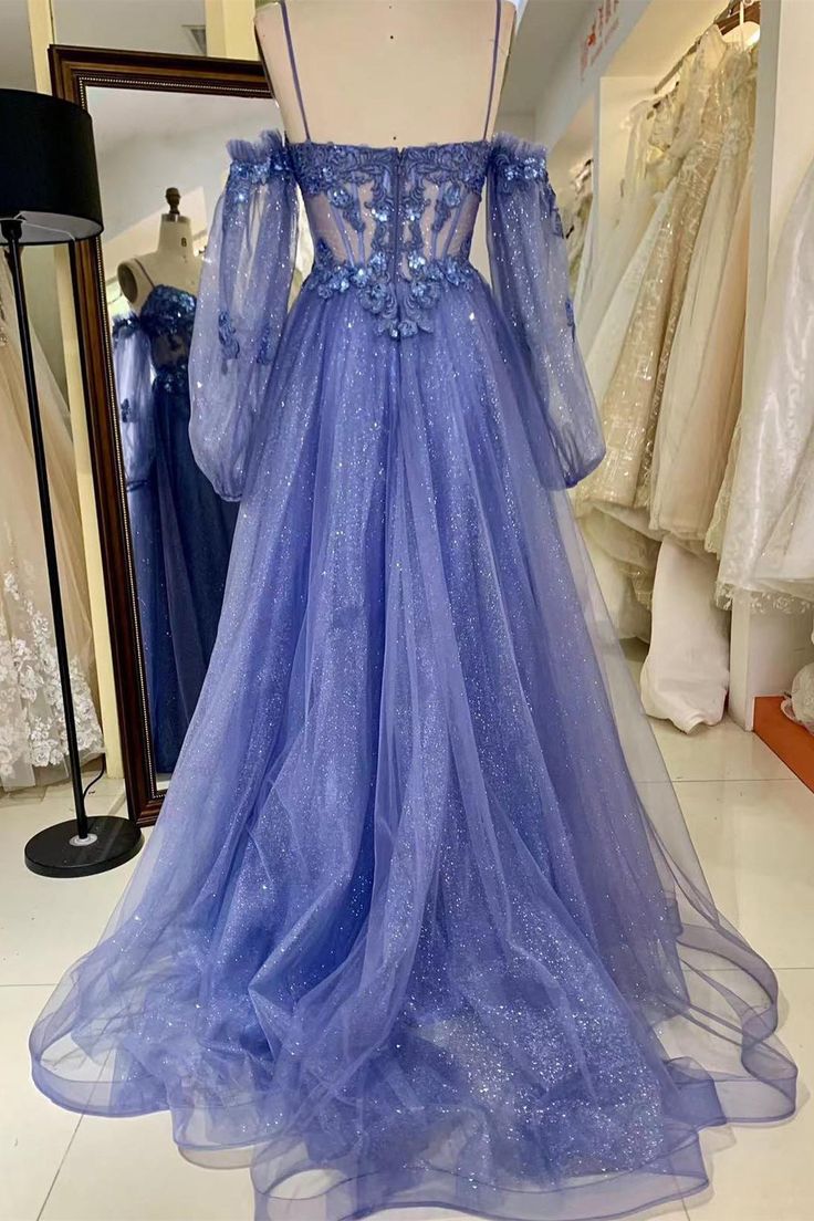 Off-the-Shoulder Sequins Applique Boning Long Prom Dress