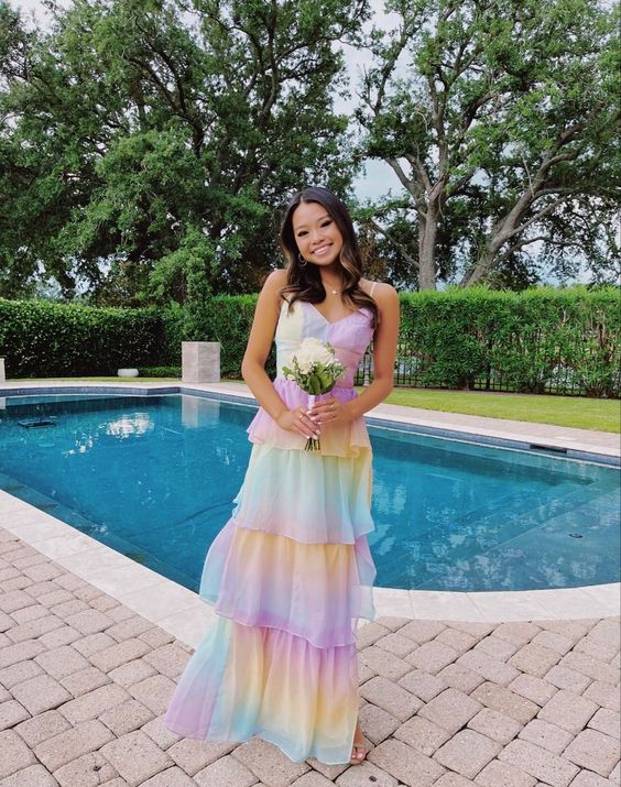 Maxi Dress Rainbow Chiffon long prom dresses, evening dresses,party dresses, formal dress