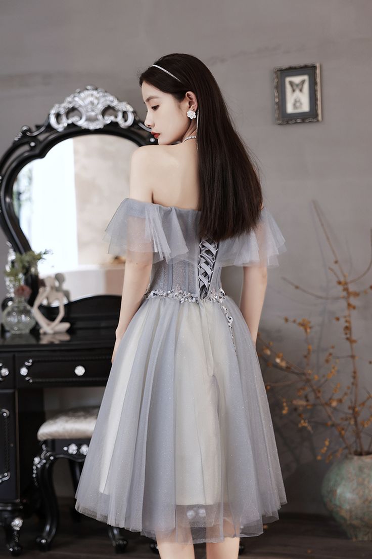 Gray tulle beads short prom dress party dress - View 3 | VelvetHem