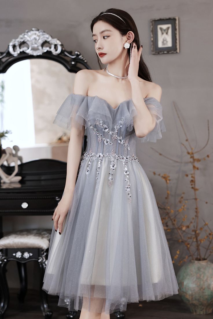 Gray tulle beads short prom dress party dress - View 6 | VelvetHem