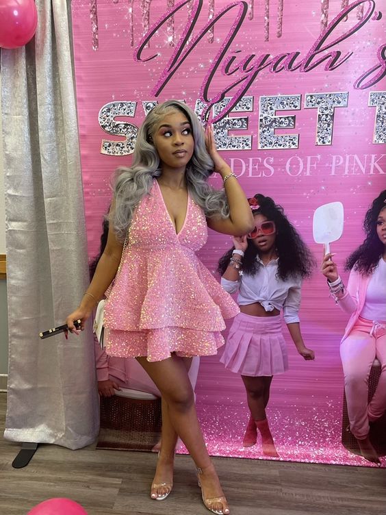 Sparkly Halter Sequin Cocktail Dresses Pink Short Prom Dresses
