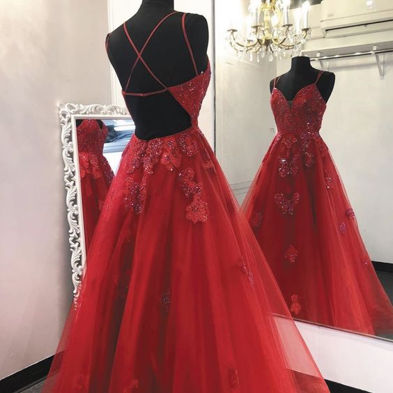 Red lace prom dress, lace applique prom dresses, spagehtti strap prom dresses - VelvetHem