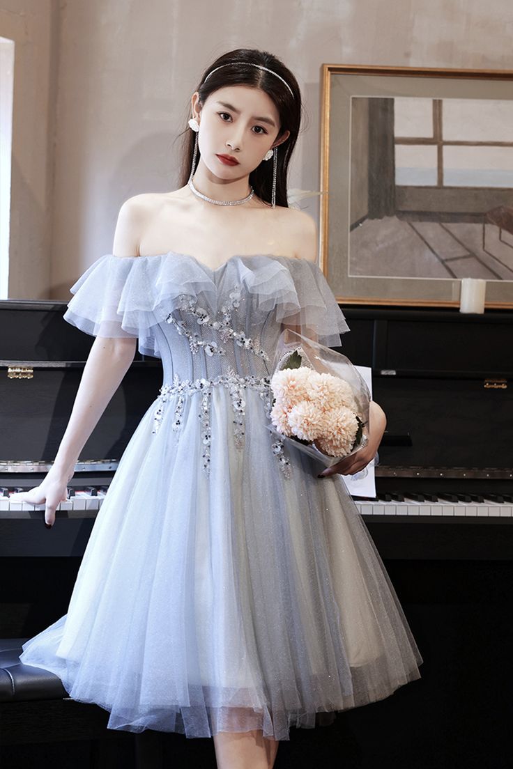 Gray tulle beads short prom dress party dress