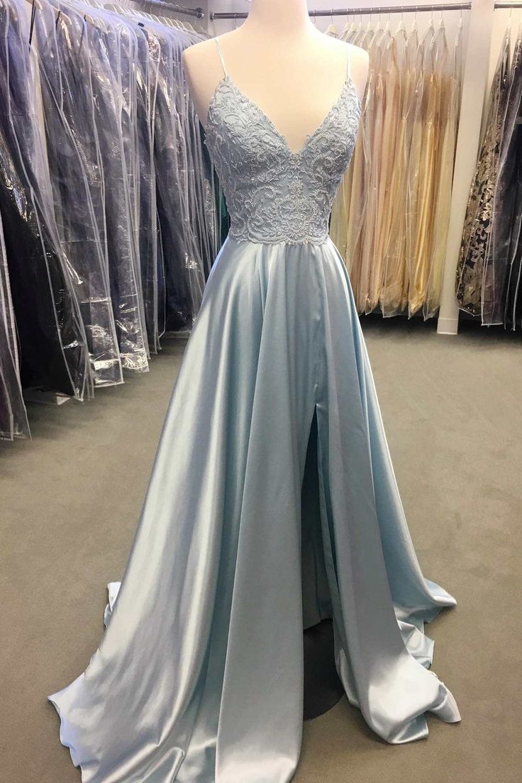 Light Blue Lace Lace-Up Back A-Line Prom Dress with Slit - View 2 | VelvetHem