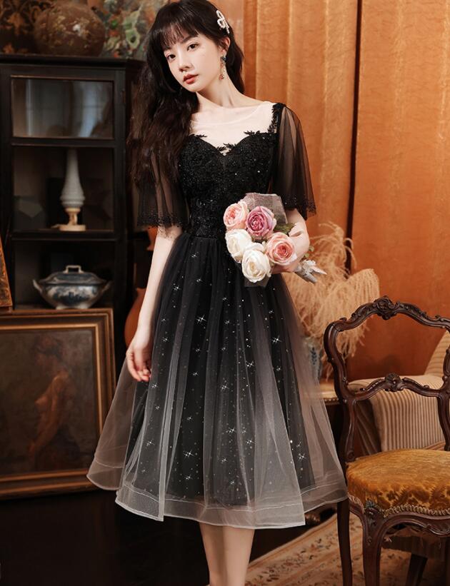 Black Short Sleeves Gradient Tulle And Lace Party Dress, Lovely Black Formal Dresses Bridesmaid Dress