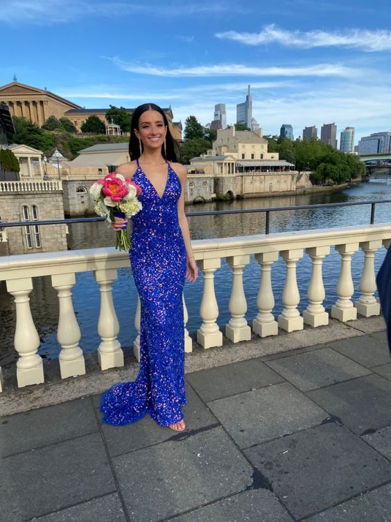Royal Blue Sequin Mermaid Prom Dresses Evening Party Formal Gowns