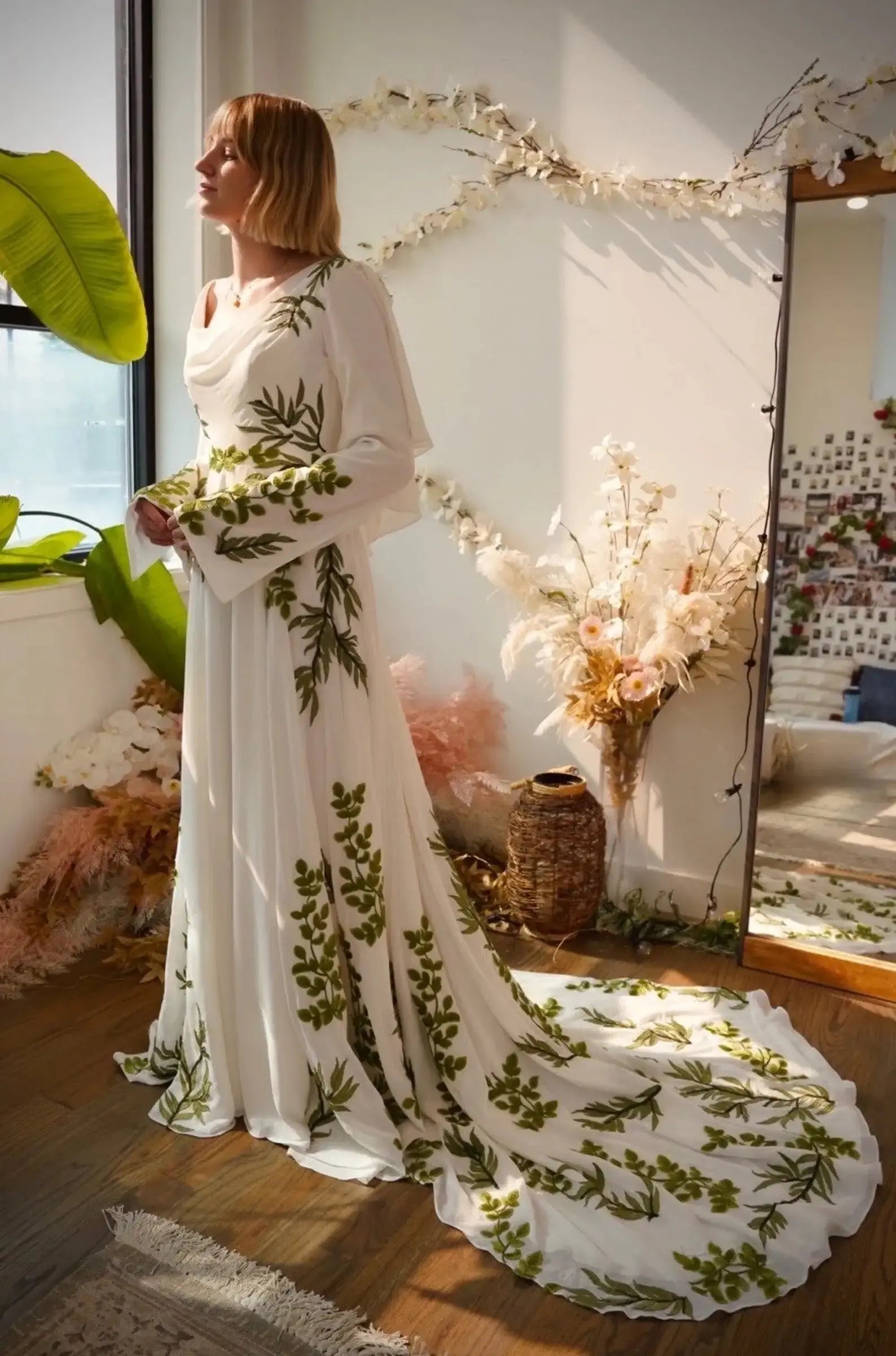 Luxury White & Green Botanical Print Cape Boho Train Wedding Dress ZP160