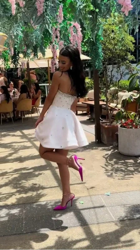 Gorgeous White Strapless Satin Beaded A Line Birthday Outfits Graduation Homecoming Dress