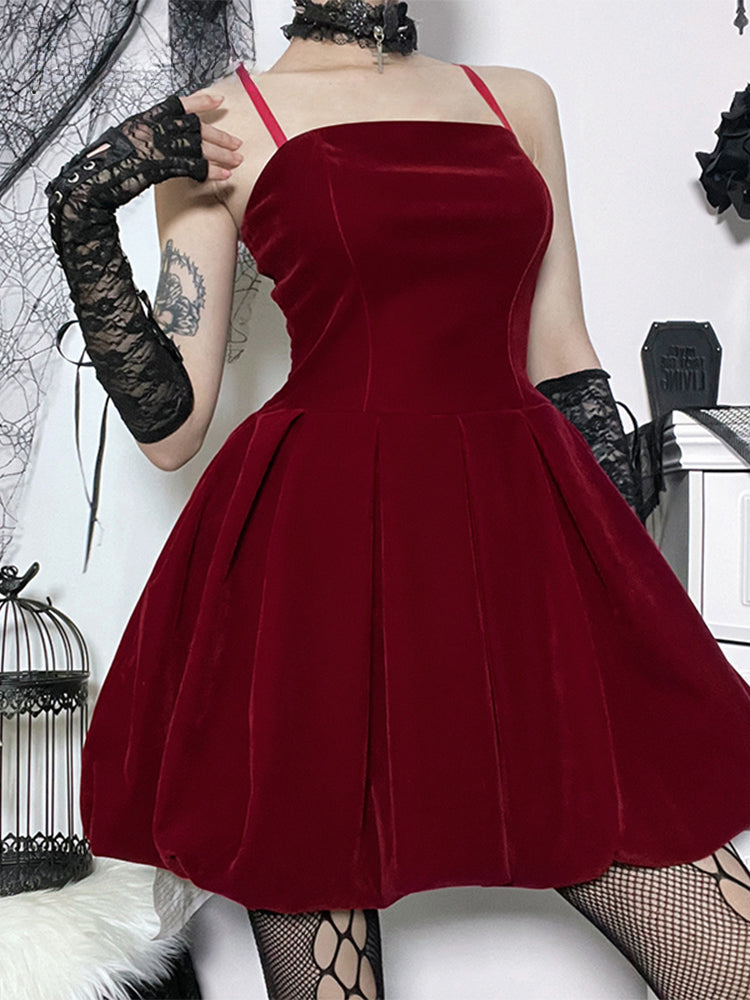 Velvet Solid Shirring High Waist Spaghetti Straps A-Line Party Mini Elegant New Year Dress - VelvetHem
