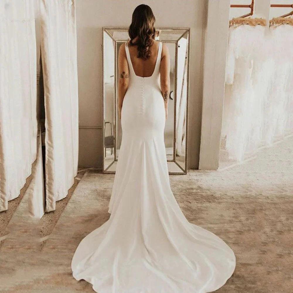 Spaghetti Strap Mermaid Wedding Dresses Women Square Neck Backless Simple Bridal Gowns Soft Stain Robe (ZD13384)