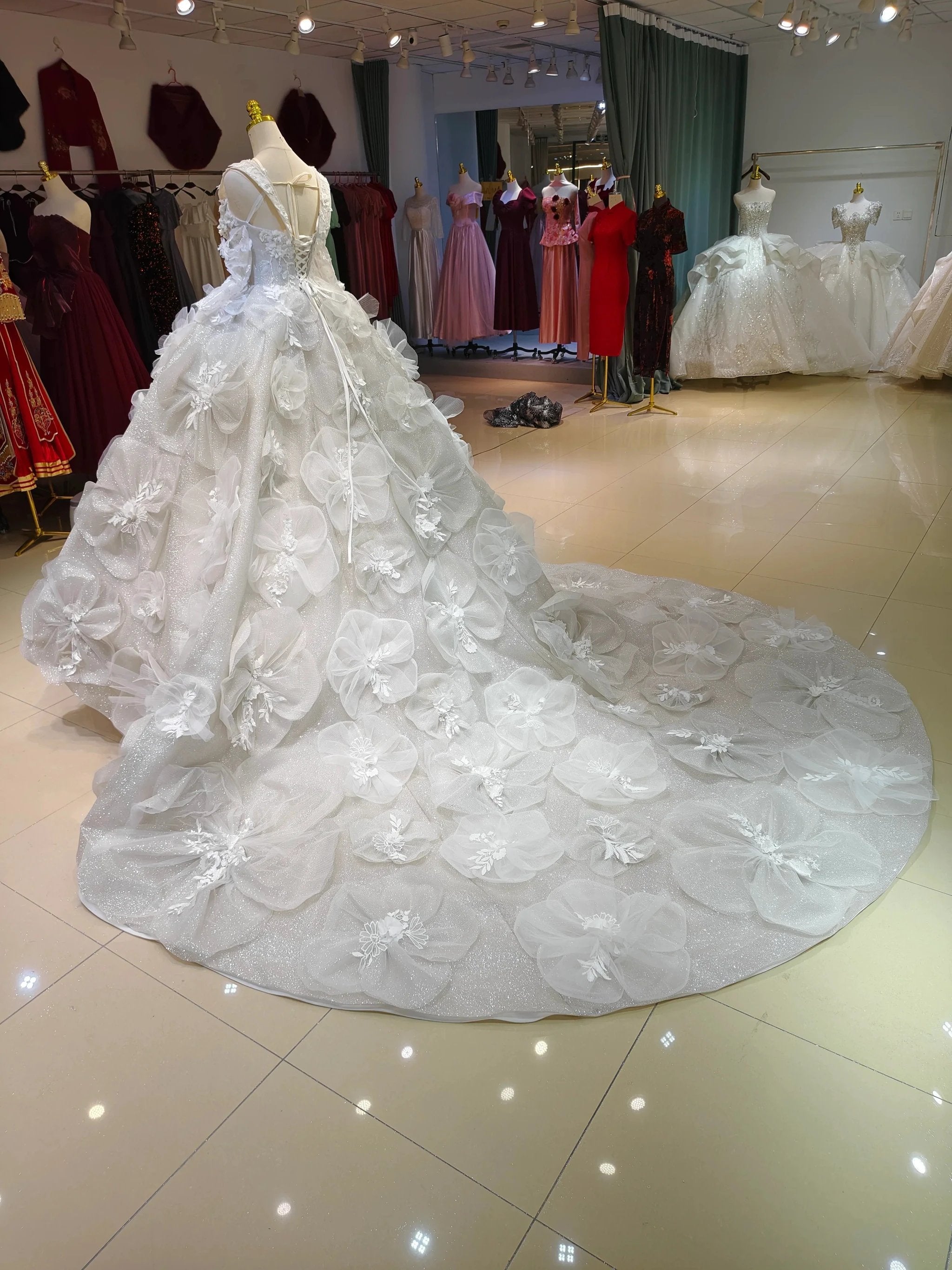 Ivory Petal Whisper Ballgown Organza Floral Bust & Bloom Train (ZD16777)