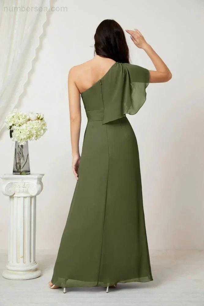 ZapDress  Chiffon Ruffled One Shoulder Long Bridesmaid Dresses A-line Formal Evening Gown Side Split 2809 (ZD17049)