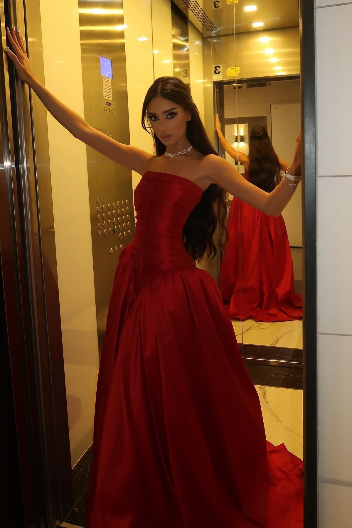 Princess A Line Strapless Red Long Party Dress with Ruffles - VelvetHem