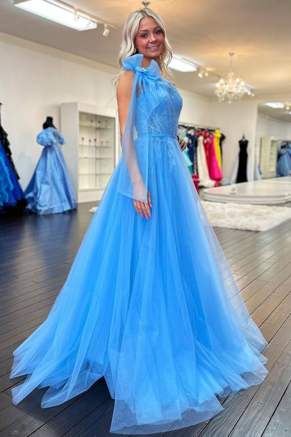 Charming A Line One Shoulder Blue Long Prom Dress with Appliques