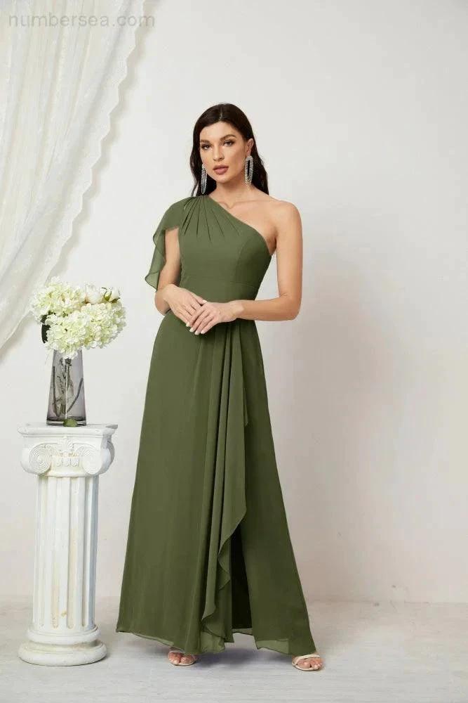 ZapDress  Chiffon Ruffled One Shoulder Long Bridesmaid Dresses A-line Formal Evening Gown Side Split 2809 (ZD17049)