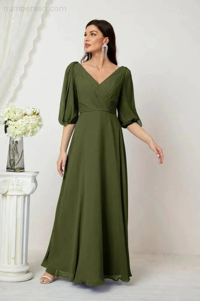 ZapDress  Formal Prom Gown Women V-Neck Chiffon Bridesmaid Dresses Long Bishop Sleeve Party Dress 2807 (ZD17027)