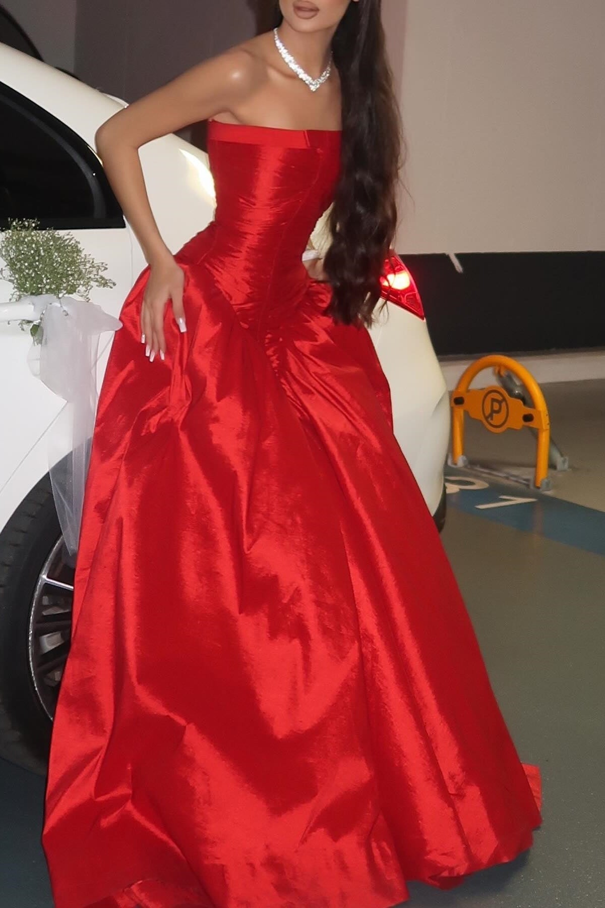Princess A Line Strapless Red Long Party Dress with Ruffles - View 5 | VelvetHem