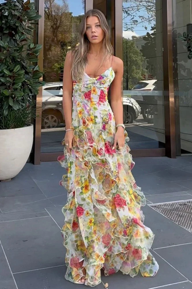 Charming A Line Spaghetti Straps Blue Floral Printed Long Party Dress