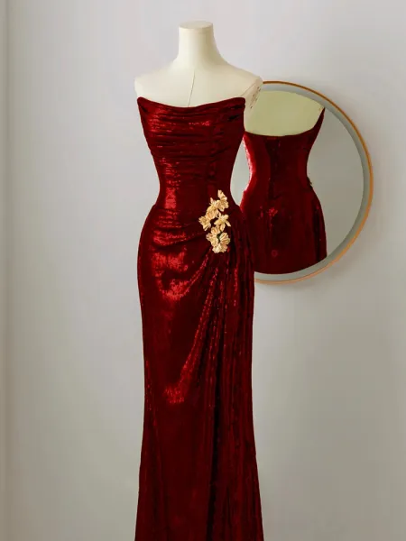 Charming Sequins Burgundy Strapless Long Evening Dress Mermaid Party Dress Prom Dress - View 2 | VelvetHem