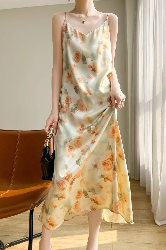 Printed V-Neck Satin Cami Maxi Silk Dress - VelvetHem