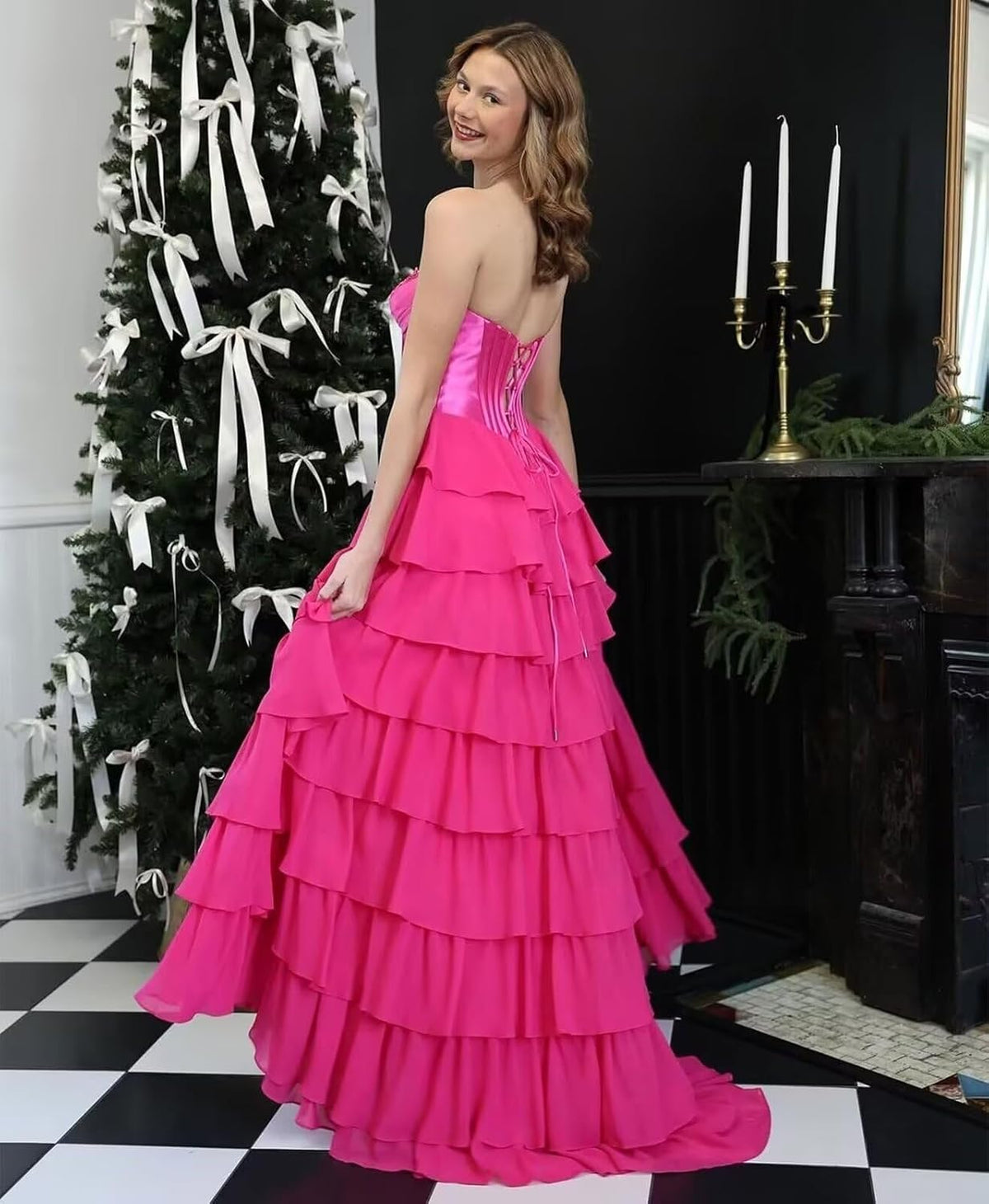 Strapless Corset Prom Dresses for Women 2025 Long Tiered Ruffle Chiffon Formal Evening Gown with Slit