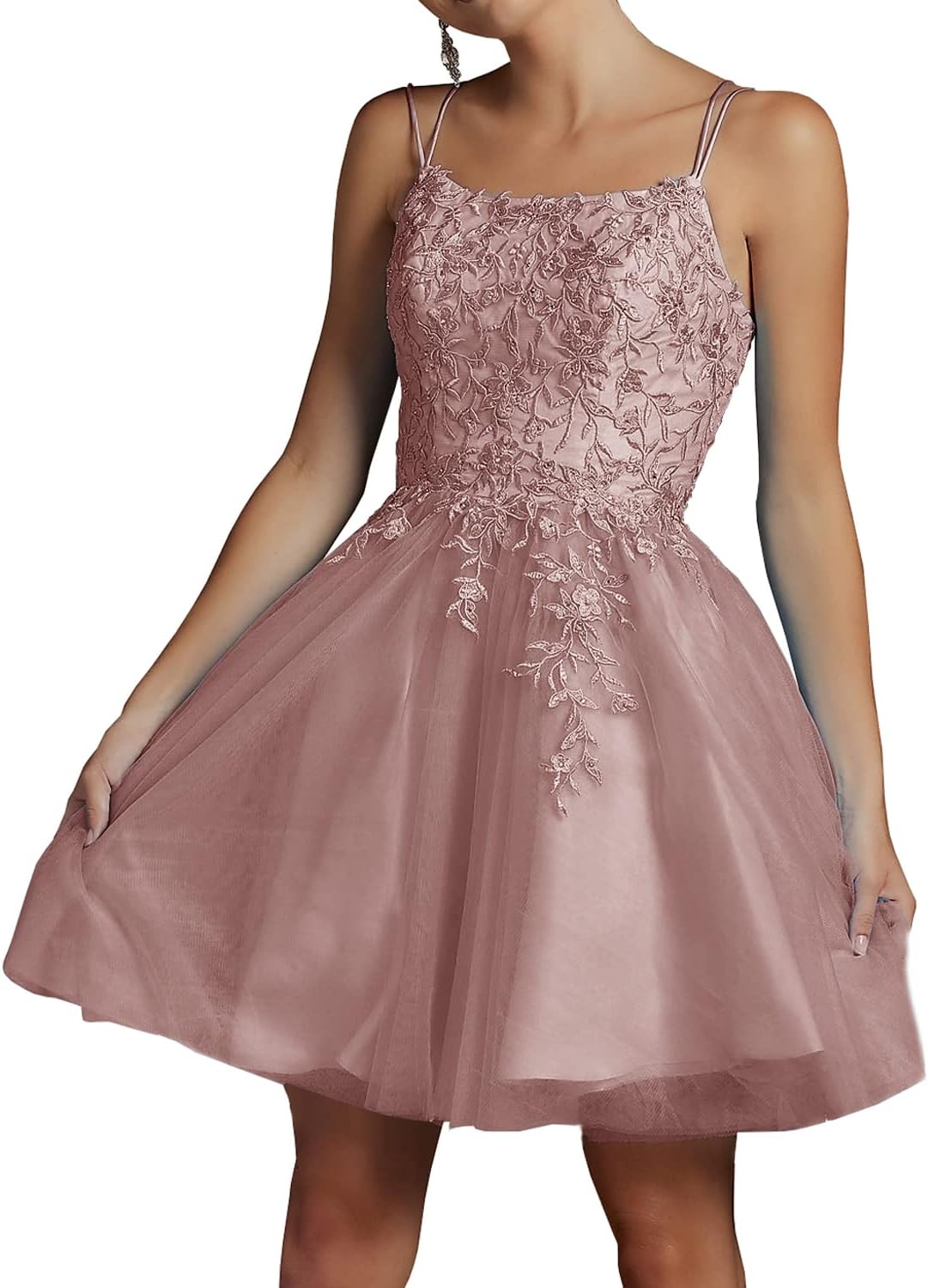 Modest Lace Beaded Tulle Homecoming Dresses Short Square Neck Prom Dress Spaghetti Straps Party Gown