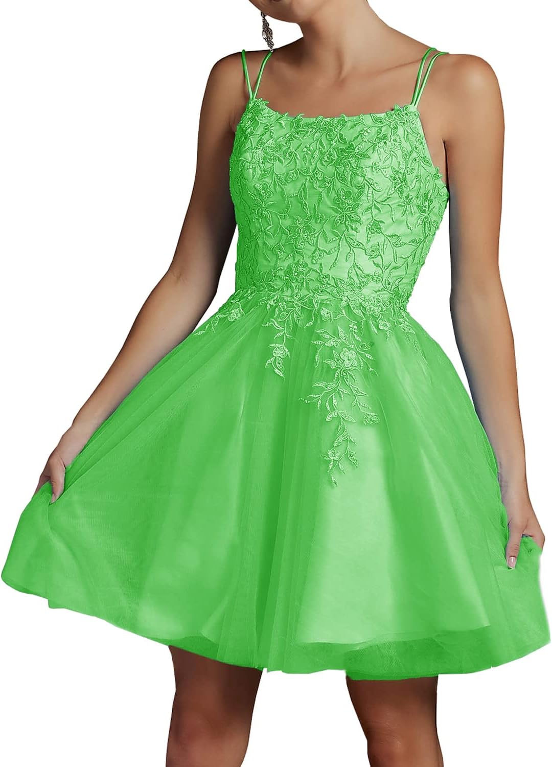 Modest Lace Beaded Tulle Homecoming Dresses Short Square Neck Prom Dress Spaghetti Straps Party Gown