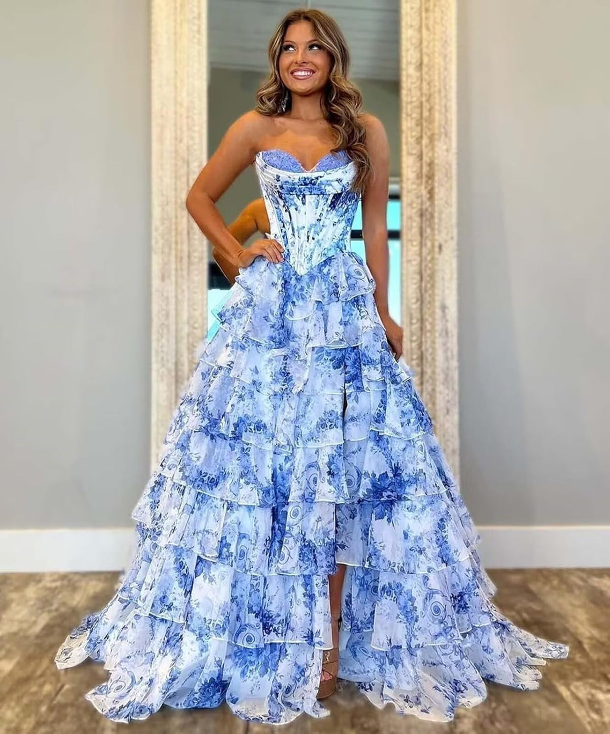 Strapless Corset Prom Dresses for Women 2025 Long Tiered Ruffle Chiffon Formal Evening Gown with Slit