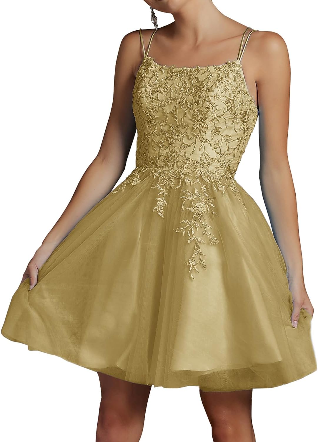 Modest Lace Beaded Tulle Homecoming Dresses Short Square Neck Prom Dress Spaghetti Straps Party Gown