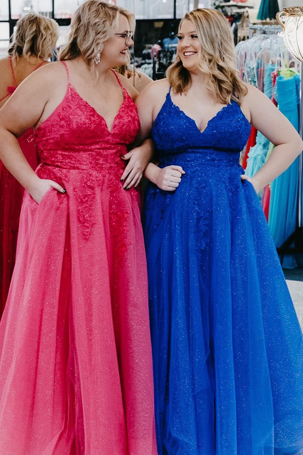Floral Lace Glitter Tulle Prom Dress Long Ball Gown V Neck Formal Evening Dress Maxi Party Gown