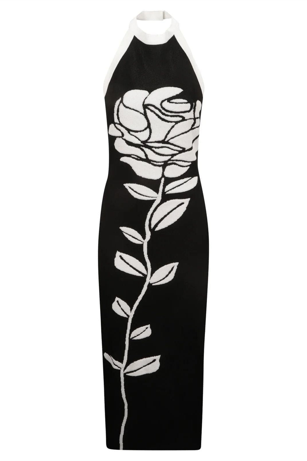 Nina Boutique Halterneck Floral Knit Midi Dress with Open Back Designer Edit
