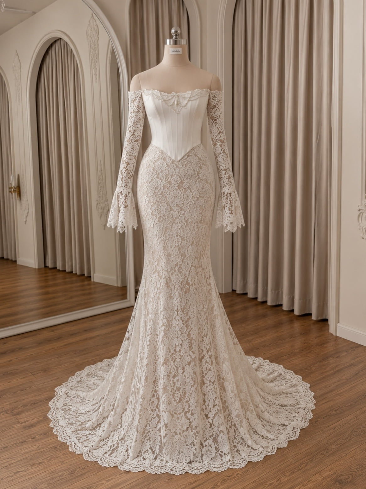 Off-Shoulder Bell Sleeve Satin Corset Bodice Full Lace Mermaid Wedding Dress